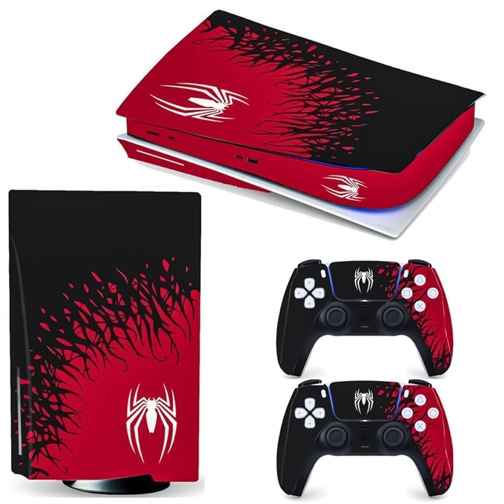 Khushi Dcor RED White SP Man UV 3M Vinyl Sticker Decals for PlayStation 5 Disk Version Console and Two Dual Sense 5 Sticker Skins Black PS5 Skin Console and Controller Design [Video Game]